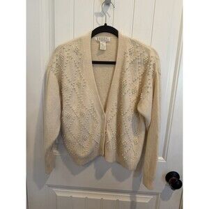 Vintage Ralsey Cardigan Womens M Ivory Pearl Beaded Silk Angora Sweater